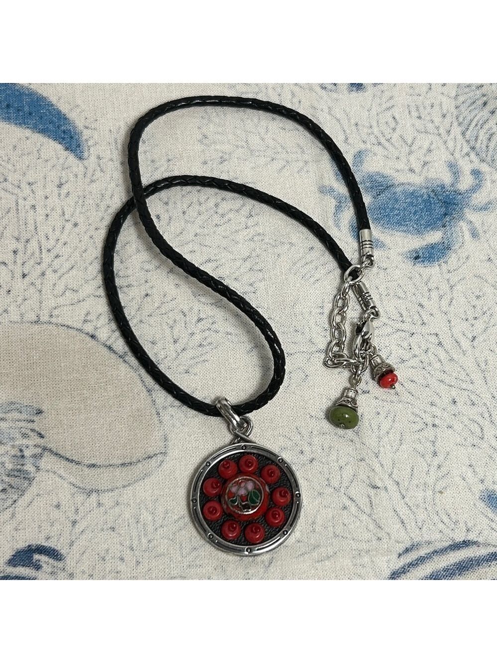 Brighton Pagoda Necklace Leather Cord Chain Silver Plated Red Green Medallion - Picture 11 of 13
